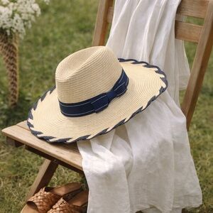 Cream Navy Scalloped Brim Western Straw Sun Hat Ranch Garden Party
